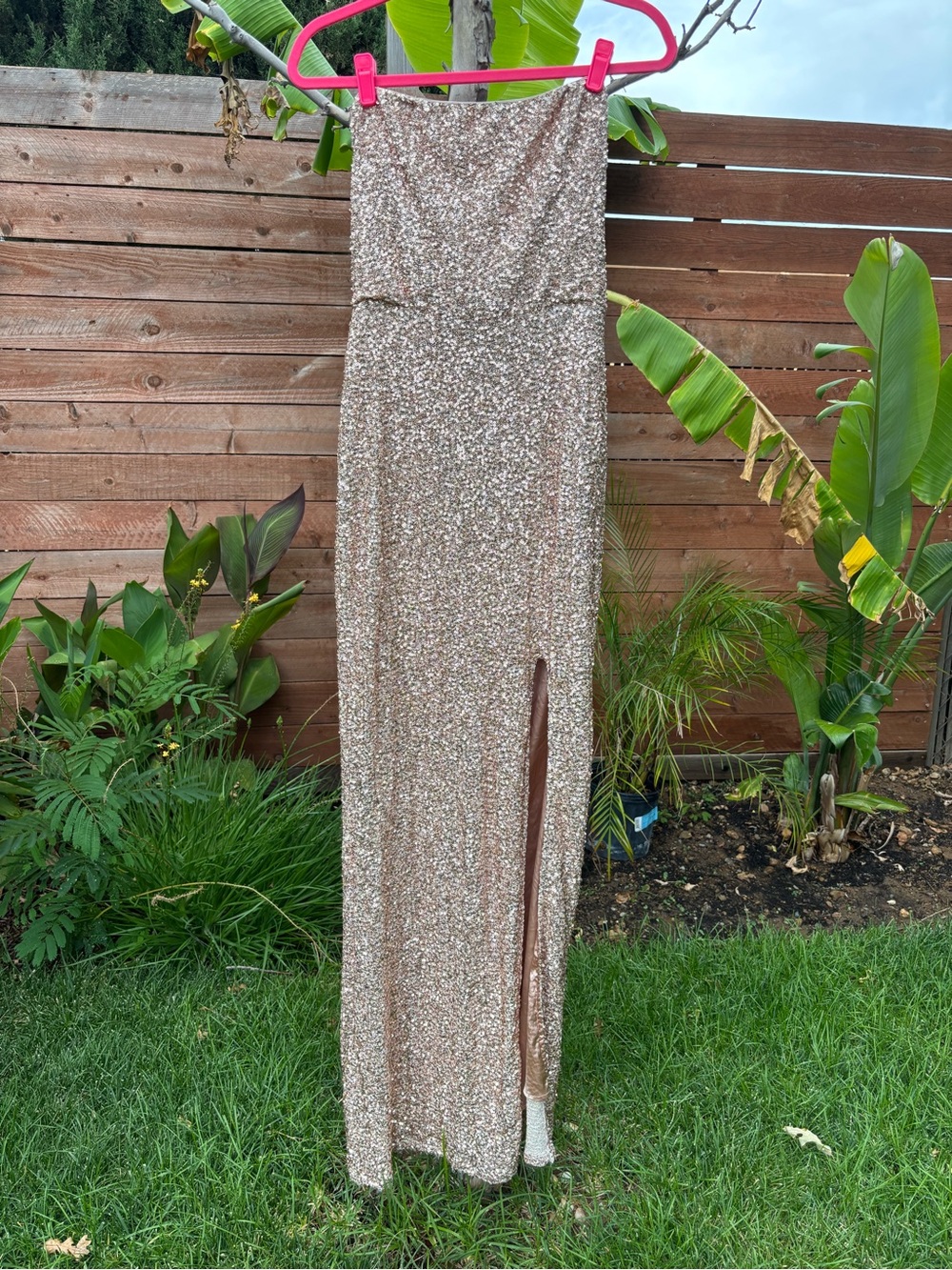 Club L London Sparkling Rose Gold Sequin Strapless Gown with Front Slit, Size 8